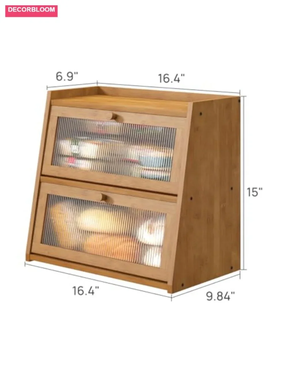 Extra Large Double Layer Bamboo Bread Box with Acrylic Wavy Door